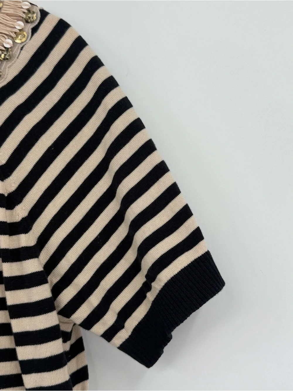Tory Burch Blue Cream Stripe Cotton Short Sleeve Fringe /beaded Sweater Size XL